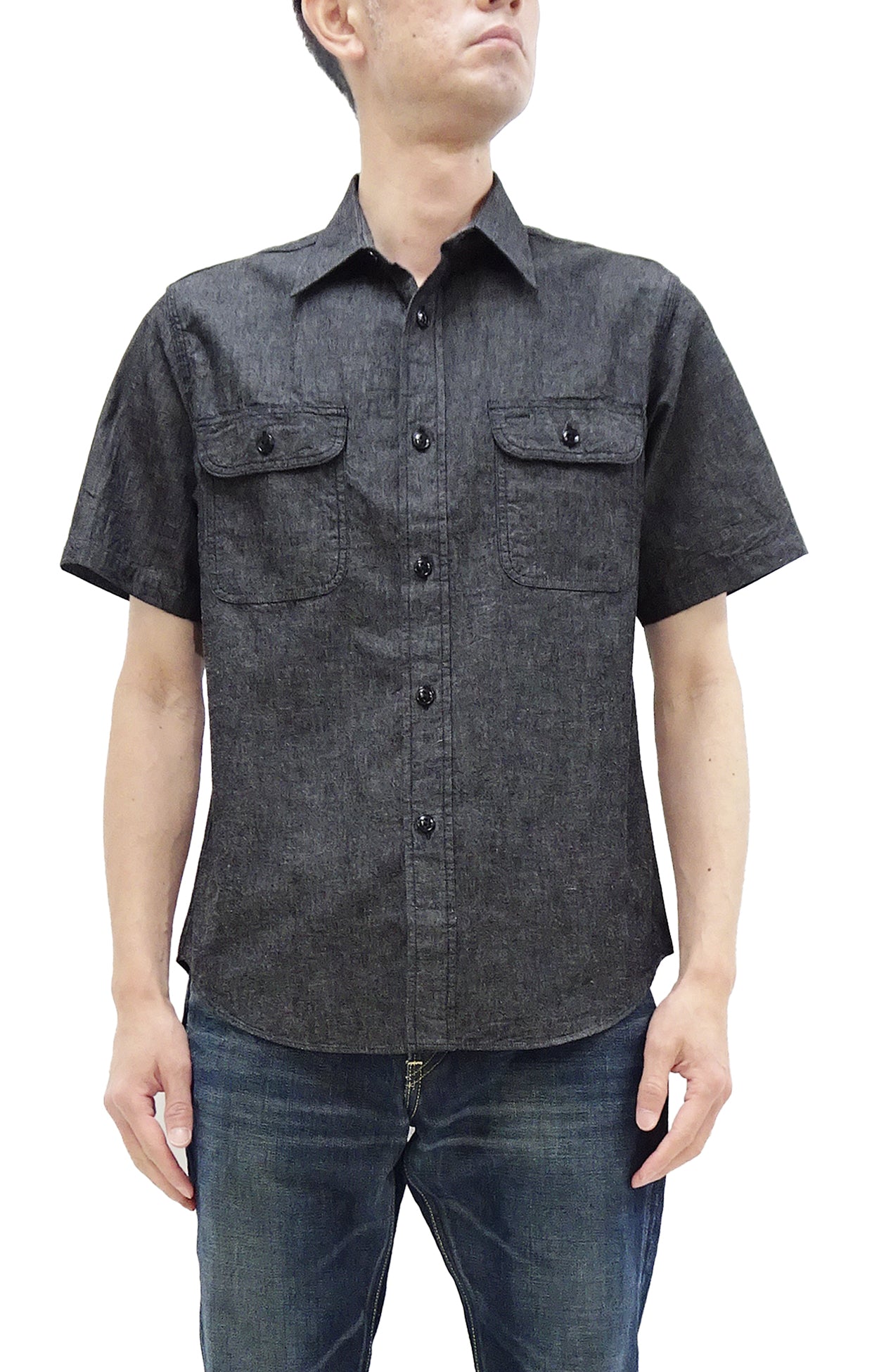 Sugar Cane Black Chambray Shirt Men's Casual Short Sleeve Plain