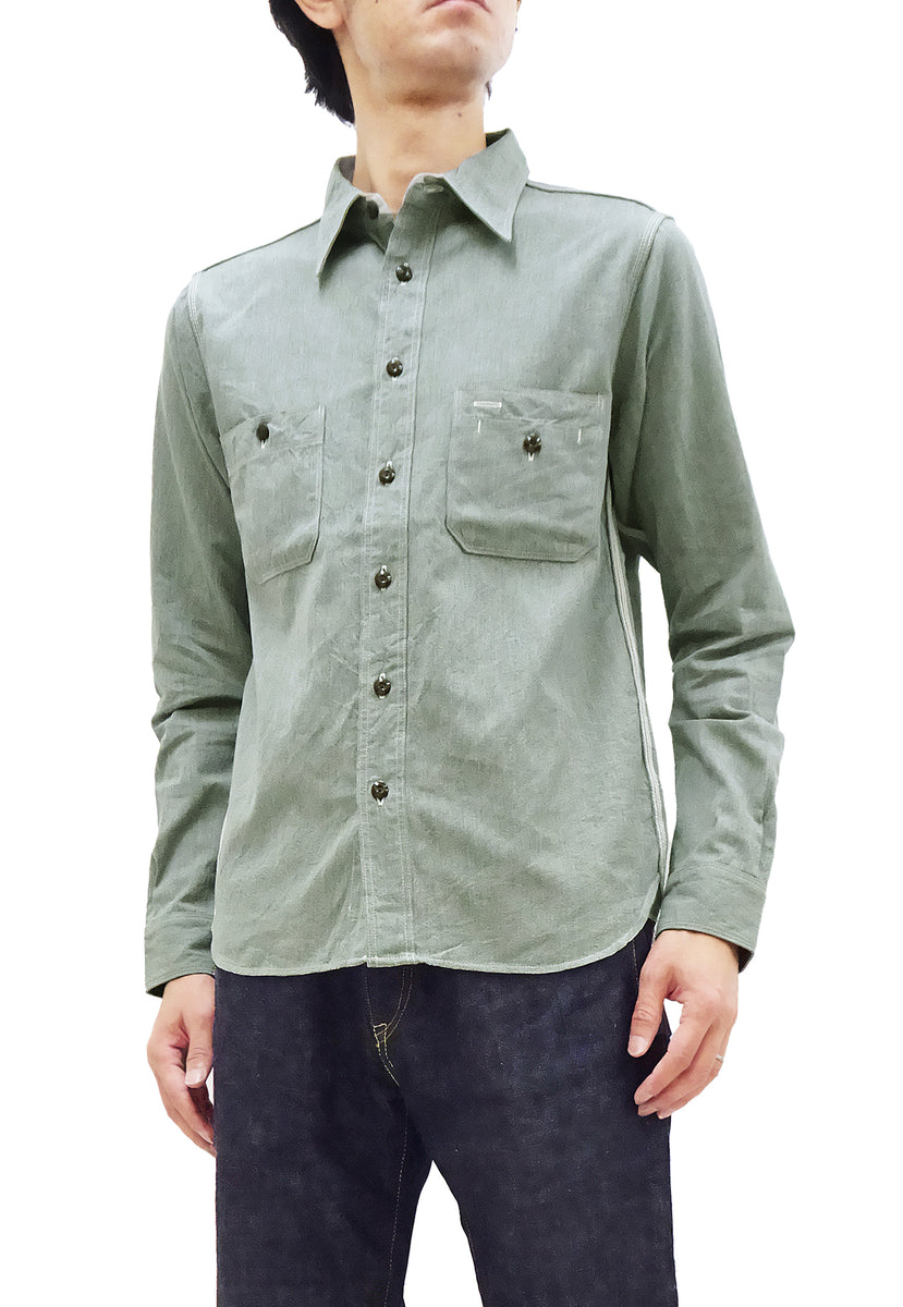 Samurai Jeans Cotton Melange Chambray Shirt Men's Slim Fit Lightweight Long  Sleeve Button Up Work Shirt SJCBS23 Heather-Green