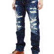 Load image into Gallery viewer, Eternal Ripped Distressed Jeans Men's Pre-Faded Denim Low Rise Slim Fit Straight Leg Button Fly 52292 Dark-Indigo