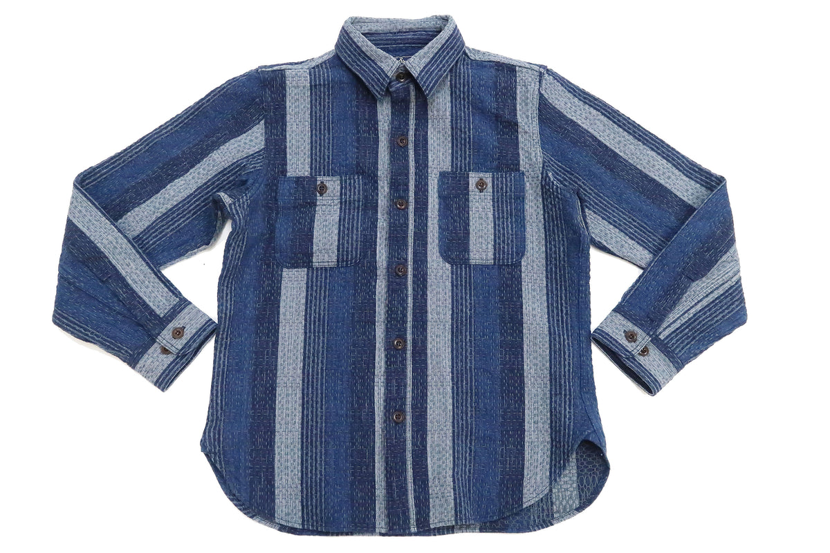 Studio D'artisan Shirt Men's Noragi Kasuri Sashiko Boro Style Long Sleeve  Striped Shirt 5676 Navy-Blue