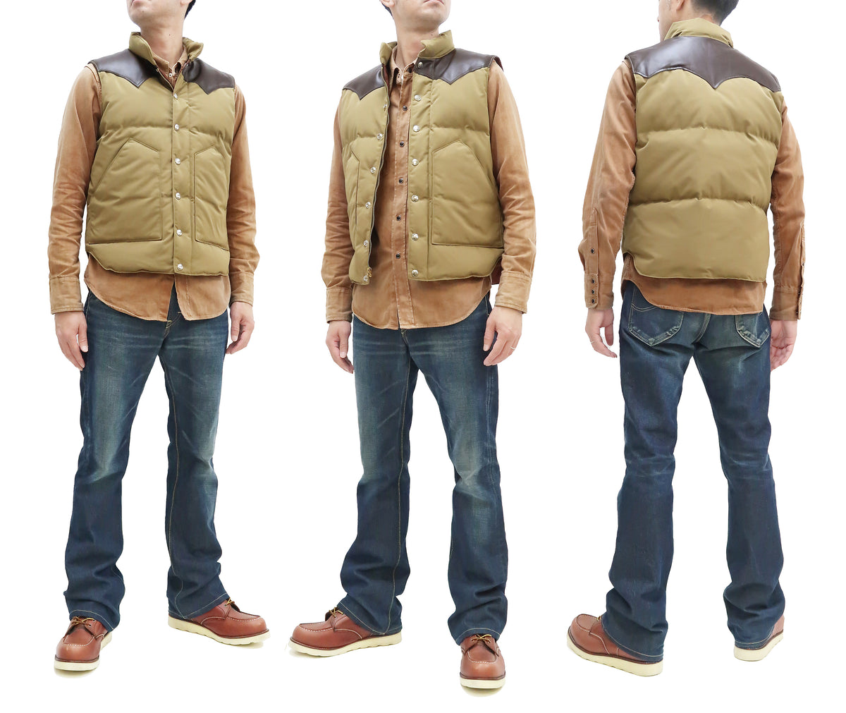 Sugar Cane Down Vest with Leather Yoke Panel Men's Winter Outerwear Vest  SC15222 133 Beige/Brown