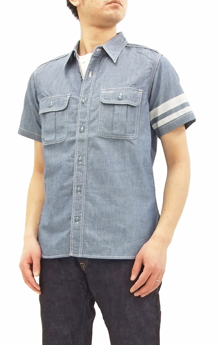 Momotaro Jeans Men's Chambray Shirt Short Sleeve Work Shirt with GTB Stripe  SJ092 Faded-Blue