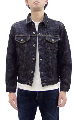 Oni Denim Jacket 02527P-kasuri Men's Casual Slim-Fit 17oz. ONI-Kasuri Slub Selvedge Denim Type III Jean Jacket Indigo One-Wash