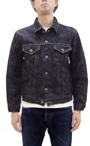 Oni Denim Jacket 02527P-kasuri Men's Casual Slim-Fit 17oz. ONI-Kasuri Slub Selvedge Denim Type III Jean Jacket Indigo One-Wash