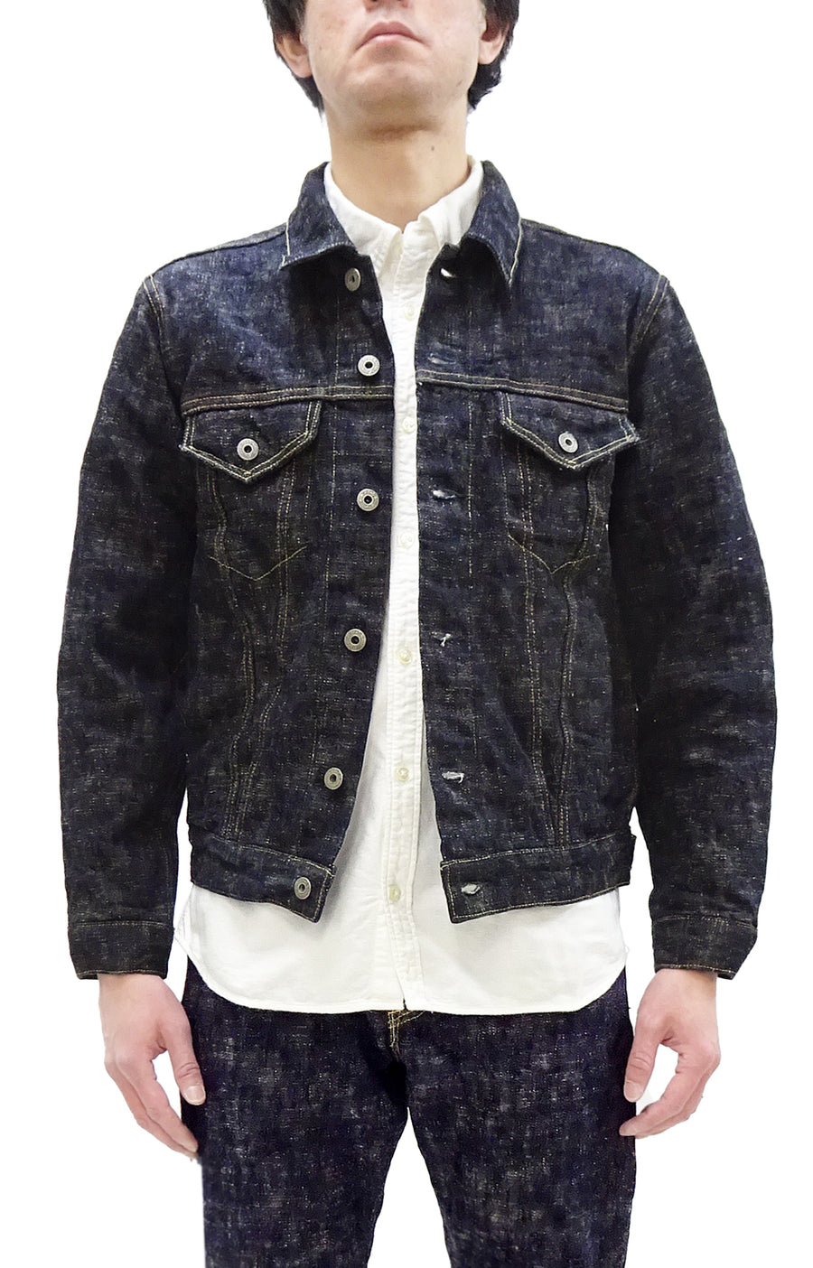 Oni Denim Jacket 02527P-kasuri Men's Casual Slim-Fit 17oz. ONI-Kasuri Slub Selvedge Denim Type III Jean Jacket Indigo One-Wash