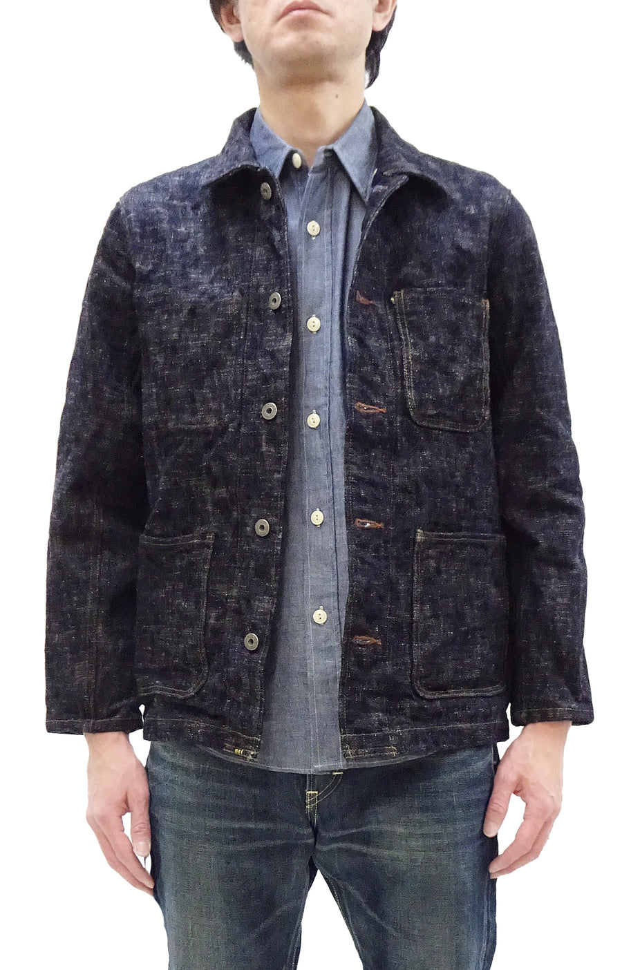 Oni Denim Jacket 03502-kasuri Men's Casual Slim-Fit 17oz. ONI-Kasuri Slub Selvedge Denim Work Coat Chore Coat Indigo One-Wash