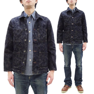 Oni Denim Jacket 03502-kasuri Men's Casual Slim-Fit 17oz. ONI-Kasuri Slub Selvedge Denim Work Coat Chore Coat Indigo One-Wash