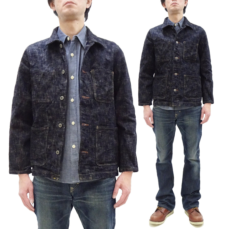 Oni Denim Jacket 03502-kasuri Men's Casual Slim-Fit 17oz. ONI-Kasuri Slub Selvedge Denim Work Coat Chore Coat Indigo One-Wash