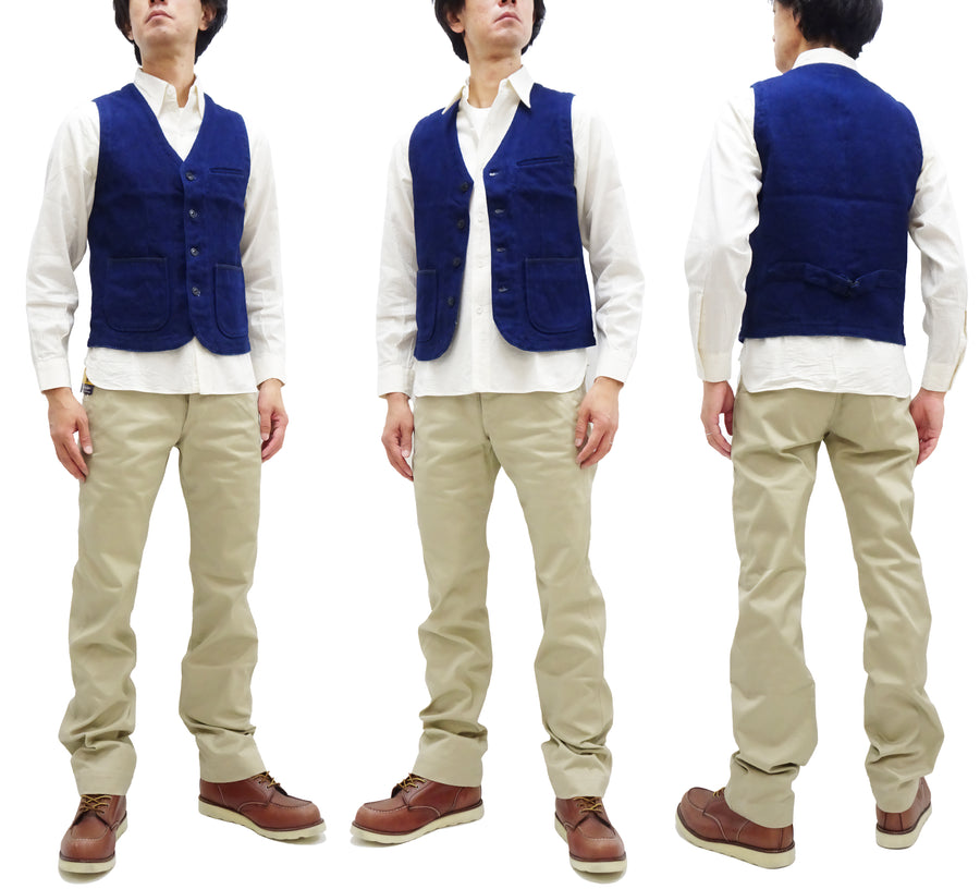 Momotaro Jeans Indigo Sashiko Vest Men's Casual V-neck Button Front Work Vest Waistcoat 04-010