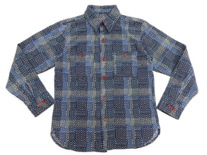 Studio D'Artisan Men's Heavyweight Jacquard Work Shirt, Sashiko Stitch Boro/Noragi-Inspired Slub Plaid, 100% Cotton, Made in Japan (SDA 5651 Blue)