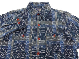 Studio D'Artisan Men's Heavyweight Jacquard Work Shirt, Sashiko Stitch Boro/Noragi-Inspired Slub Plaid, 100% Cotton, Made in Japan (SDA 5651 Blue)