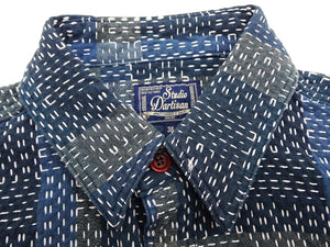 Studio D'Artisan Men's Heavyweight Jacquard Work Shirt, Sashiko Stitch Boro/Noragi-Inspired Slub Plaid, 100% Cotton, Made in Japan (SDA 5651 Blue)