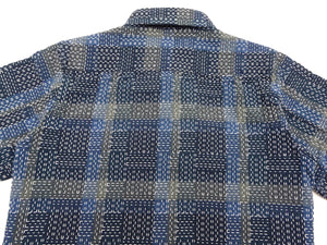 Studio D'Artisan Men's Heavyweight Jacquard Work Shirt, Sashiko Stitch Boro/Noragi-Inspired Slub Plaid, 100% Cotton, Made in Japan (SDA 5651 Blue)