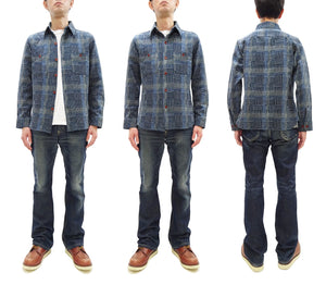 Studio D'Artisan Men's Heavyweight Jacquard Work Shirt, Sashiko Stitch Boro/Noragi-Inspired Slub Plaid, 100% Cotton, Made in Japan (SDA 5651 Blue)