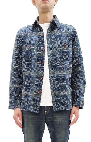 Studio D'Artisan Men's Heavyweight Jacquard Work Shirt, Sashiko Stitch Boro/Noragi-Inspired Slub Plaid, 100% Cotton, Made in Japan (SDA 5651 Blue)