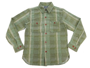Studio D'Artisan Men's Heavyweight Jacquard Work Shirt, Sashiko Stitch Boro/Noragi-Inspired Slub Plaid, 100% Cotton, Made in Japan (SDA 5651 Green)