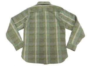 Studio D'Artisan Men's Heavyweight Jacquard Work Shirt, Sashiko Stitch Boro/Noragi-Inspired Slub Plaid, 100% Cotton, Made in Japan (SDA 5651 Green)