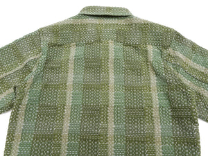 Studio D'Artisan Men's Heavyweight Jacquard Work Shirt, Sashiko Stitch Boro/Noragi-Inspired Slub Plaid, 100% Cotton, Made in Japan (SDA 5651 Green)