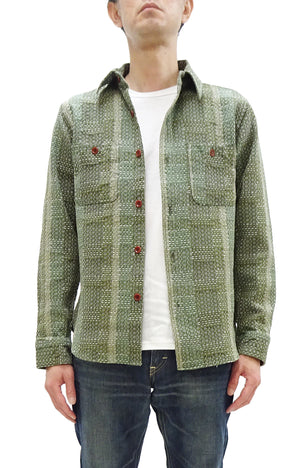 Studio D'Artisan Men's Heavyweight Jacquard Work Shirt, Sashiko Stitch Boro/Noragi-Inspired Slub Plaid, 100% Cotton, Made in Japan (SDA 5651 Green)
