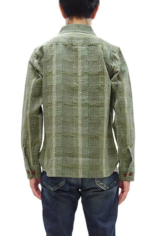 Studio D'Artisan Men's Heavyweight Jacquard Work Shirt, Sashiko Stitch Boro/Noragi-Inspired Slub Plaid, 100% Cotton, Made in Japan (SDA 5651 Green)