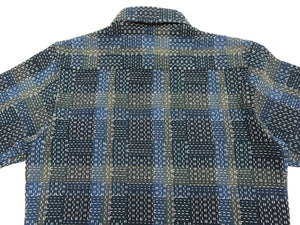 Studio D'artisan Men's Noragi-Style Sashiko Jacquard Short Sleeve Shirt, Boro-Inspired Heavyweight Japanese Workwear Button-Up Shirt, Made in Japan (SDA 5657, Blue)