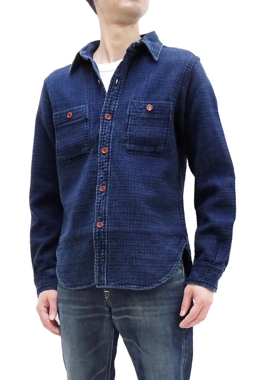 Studio D'artisan Indigo Sashiko Shirt Men's Heavyweight Sashiko Dobby Long Sleeve Button Up Work Shirt 5689