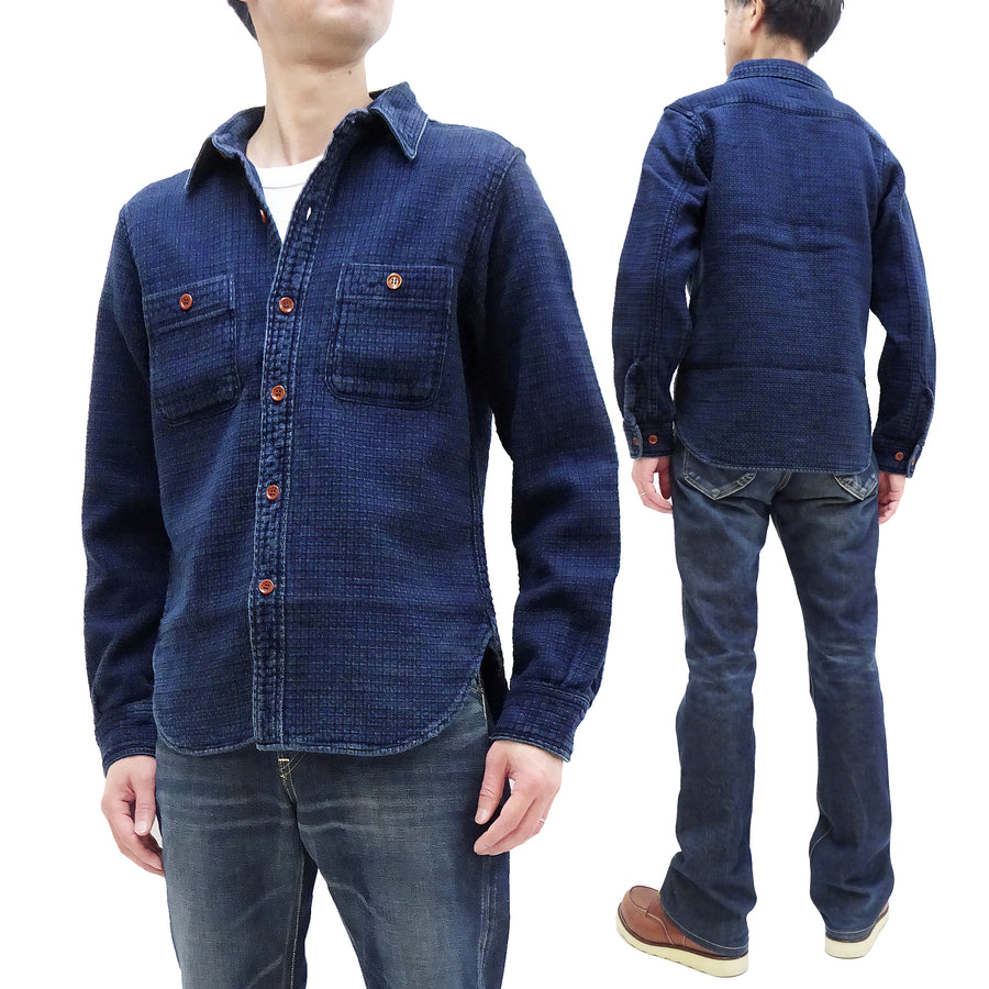 Studio D'artisan Indigo Sashiko Shirt Men's Heavyweight Sashiko Dobby Long Sleeve Button Up Work Shirt 5689