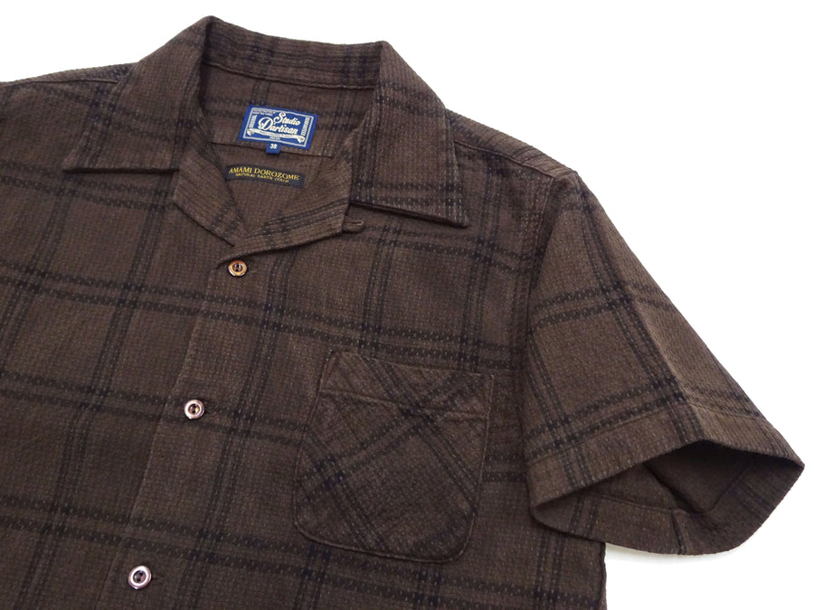 Studio D'artisan Sashiko Shirt Men's Casual Resort Collar Short Sleeve Natural Dye Plaid Button Up Shirt 5690 Drak-Brown