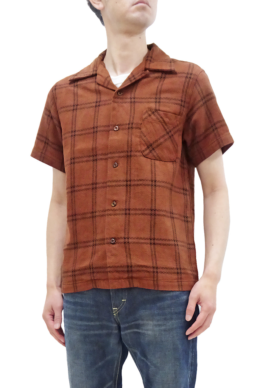 Studio D'artisan Sashiko Shirt Men's Casual Resort Collar Short Sleeve Natural Dye Plaid Button Up Shirt 5690 Brown
