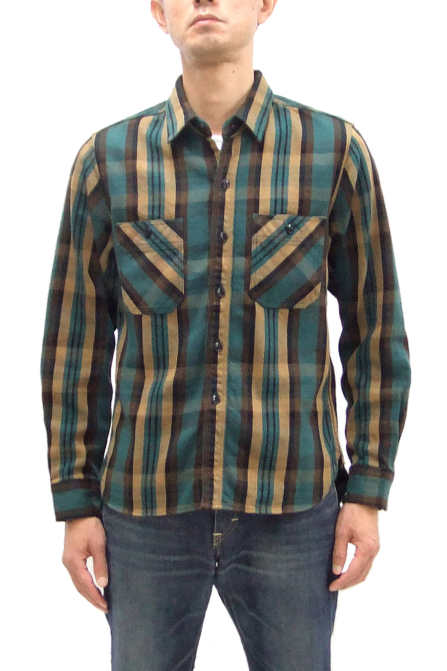 Studio D'artisan Plaid Flannel Shirt Men's Casual Heavyweight Cotton Long Sleeve Button-Up Work Shirt 5714 Green