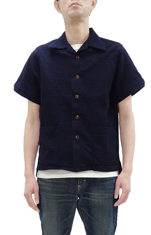 Studio D'Artisan Indigo Dobby Camp Collar Shirt - Men's Short Sleeve Casual Shirt with Relaxed Resort-Style Design - 5724 Deep-Indigo