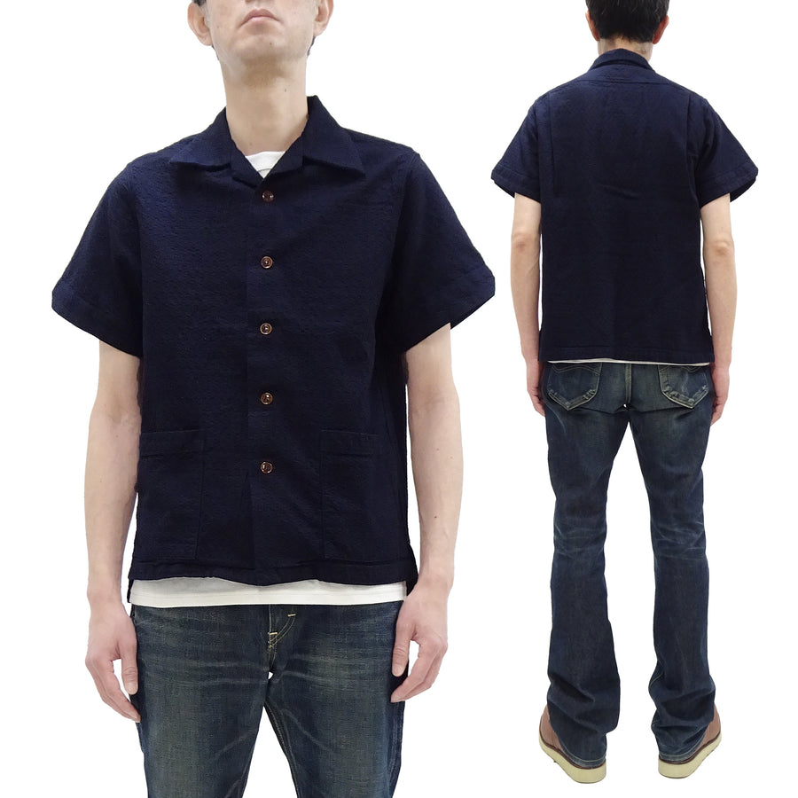 Studio D'Artisan Indigo Dobby Camp Collar Shirt - Men's Short Sleeve Casual Shirt with Relaxed Resort-Style Design - 5724 Deep-Indigo