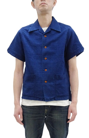 Studio D'Artisan Indigo Dobby Camp Collar Shirt - Men's Short Sleeve Casual Shirt with Relaxed Resort-Style Design - 5724U Faded-Indigo