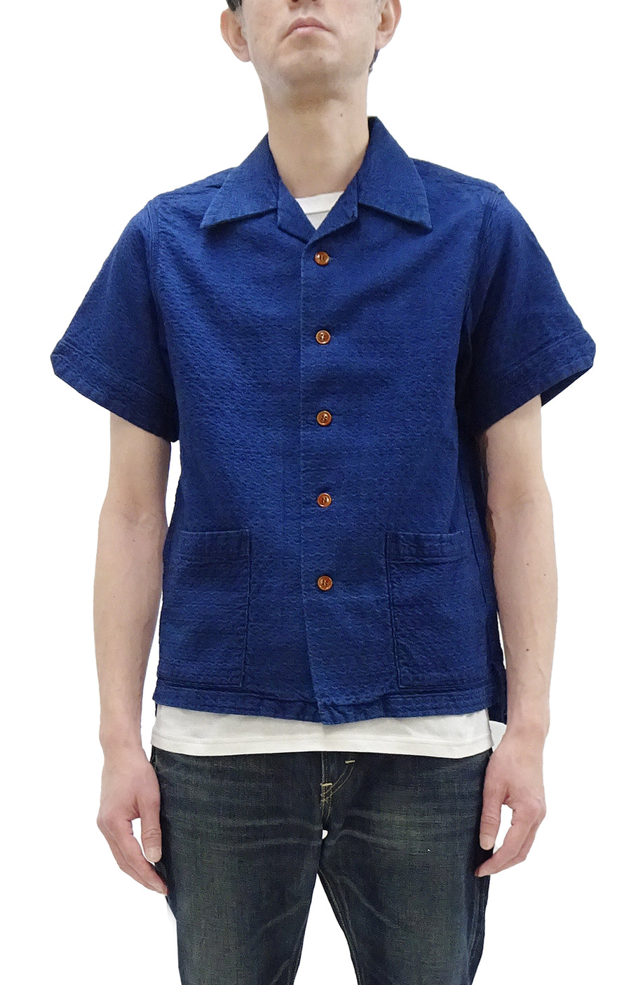 Studio D'Artisan Indigo Dobby Camp Collar Shirt - Men's Short Sleeve Casual Shirt with Relaxed Resort-Style Design - 5724U Faded-Indigo