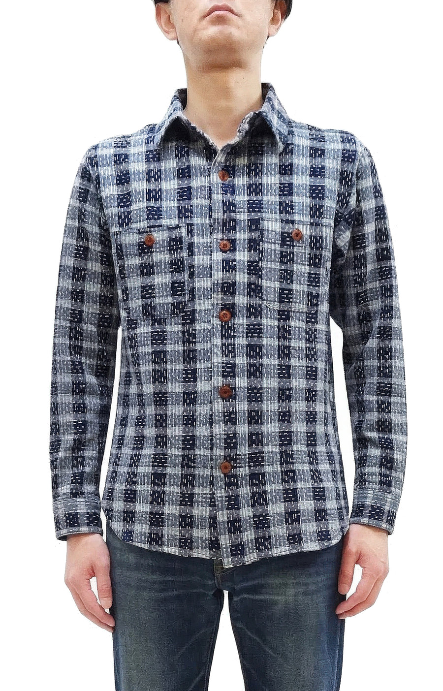 Studio D'Artisan Men's Indigo Plaid Long Sleeve Work Shirt Noragi