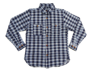 Studio D'Artisan Men's Indigo Plaid Long Sleeve Work Shirt Noragi Boro Sashiko Inspired Made in Japan (SDA 5737)
