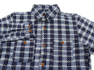Studio D'Artisan Men's Indigo Plaid Long Sleeve Work Shirt Noragi Boro Sashiko Inspired Made in Japan (SDA 5737)