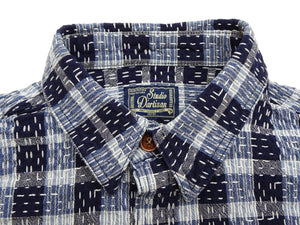 Studio D'Artisan Men's Indigo Plaid Long Sleeve Work Shirt Noragi Boro Sashiko Inspired Made in Japan (SDA 5737)