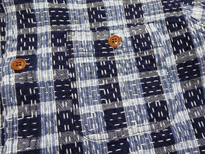 Studio D'Artisan Men's Indigo Plaid Long Sleeve Work Shirt Noragi Boro Sashiko Inspired Made in Japan (SDA 5737)