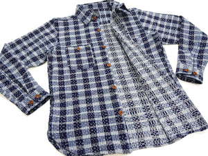 Studio D'Artisan Men's Indigo Plaid Long Sleeve Work Shirt Noragi Boro Sashiko Inspired Made in Japan (SDA 5737)
