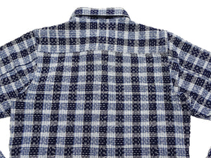 Studio D'Artisan Men's Indigo Plaid Long Sleeve Work Shirt Noragi Boro Sashiko Inspired Made in Japan (SDA 5737)