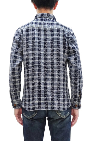 Studio D'Artisan Men's Indigo Plaid Long Sleeve Work Shirt Noragi Boro Sashiko Inspired Made in Japan (SDA 5737)