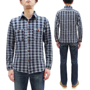 Studio D'Artisan Men's Indigo Plaid Long Sleeve Work Shirt Noragi Boro Sashiko Inspired Made in Japan (SDA 5737)