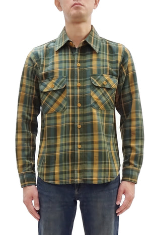 Studio D'Artisan Men's Flannel Plaid Work Shirt, Heavyweight Cotton Long-Sleeve Button-Up Shirt with Minimal Brushing, Made in Japan (SDA 5752 Green)