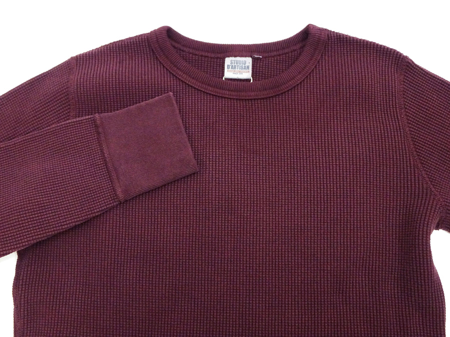 Studio D'artisan Waffle-Knit Thermal T-Shirt Men's Casual Long Sleeve Plain Crew-Neck Heavyweight Thermal Tee 9936 Burgundy