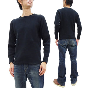 Studio D'Artisan Men's Heavyweight Waffle Knit Thermal Long Sleeve T-Shirt - 100% Cotton, Crew Neck, Ribbed Cuffs, Raw-edge hem, Made in Japan (SDA 9936) Black