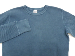 Studio D'Artisan Men's Heavyweight Waffle Knit Thermal Long Sleeve T-Shirt - 100% Cotton, Crew Neck, Ribbed Cuffs, Raw-edge hem, Made in Japan (SDA 9936) Faded-Blue