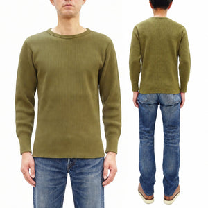Studio D'artisan Men's Heavyweight 100% Cotton Waffle-Knit Thermal Long-Sleeve T-Shirt, Crew Neck, Four-Needle Flatseams, Curved Overlock-Finished Hem, Made in Japan (SDA 9936 Khaki)