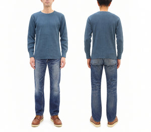 Studio D'artisan Men's Heavyweight 100% Cotton Waffle-Knit Thermal Long-Sleeve T-Shirt, Crew Neck, Four-Needle Flatseams, Curved Overlock-Finished Hem, Made in Japan (SDA 9936 Blue)