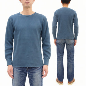 Studio D'artisan Men's Heavyweight 100% Cotton Waffle-Knit Thermal Long-Sleeve T-Shirt, Crew Neck, Four-Needle Flatseams, Curved Overlock-Finished Hem, Made in Japan (SDA 9936 Blue)
